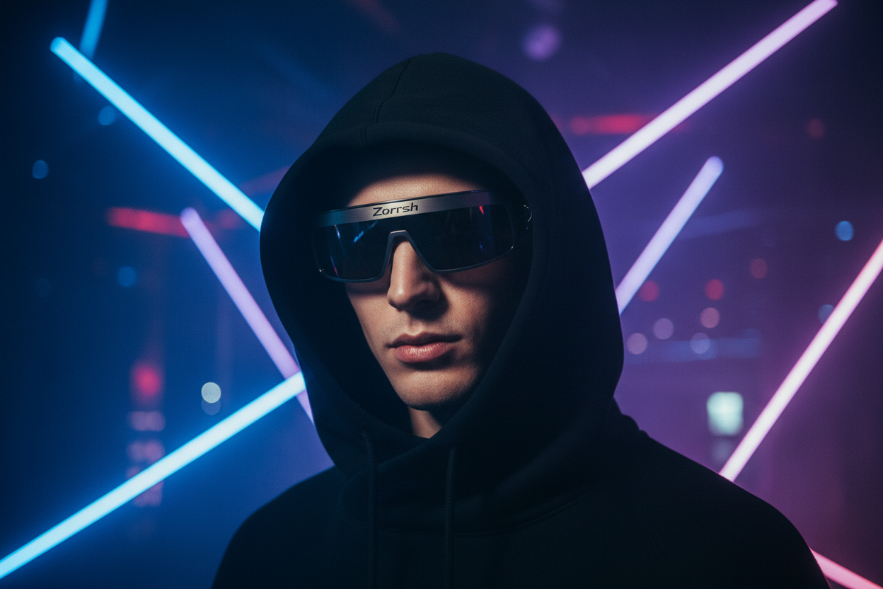 Create an model with wearing Hooding in Club close shot in face with Zorrsh Sungalss 